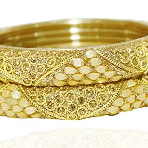 T4 Jewels Golden Stone Zircon Work Drop Chain Design Glass Bangle Set For Women & Girls_Golden_2.8