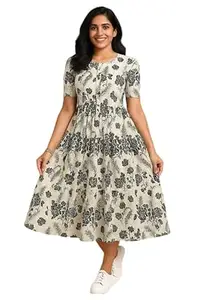 Women's Round Neck Floral Block Printed Elbow Sleeves Front Button Detailing Layered and Tiered Hem Kurti Gown