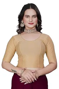 Priyanka Traders for Women Round Neck Dobby Fabric Stretchable Short Sleeve Readymade Saree Blouse Color Chiku Size 32