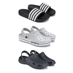 DRACKFOOT Lightweight Classic Slider || Sandals with Clogs for Men-Combo(3)-3024-3067-3146-7 Black