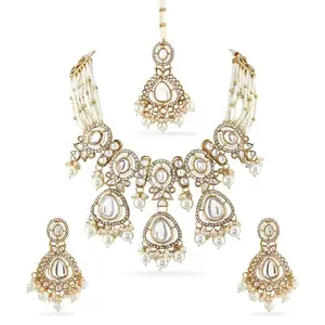 Rubans 22K Gold-Plated Handcrafted White Kundan Studded & Pearl Beaded Bridal Jewellery Set with Earrings & Maangtikka for Women & Girls – Perfect for Weddings, Festive Celebrations & Grand Occasions