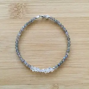 LKBEADS labradorite, herkimer diamond 3-5mm round & fancy shape smooth cut gemstone beads 7 inch stacking bracelet with silver plated lock for unisex.#Code- LCBR-3991
