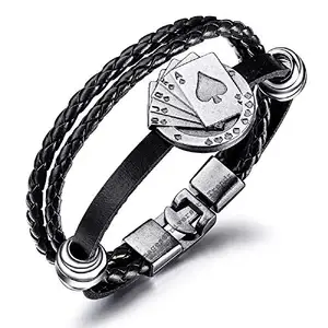 Jewelgenics Multi-Layer Playing Cards Charm Leather Rope Braided Bracelet Wrist Band for Men and Boys- Black and Silver