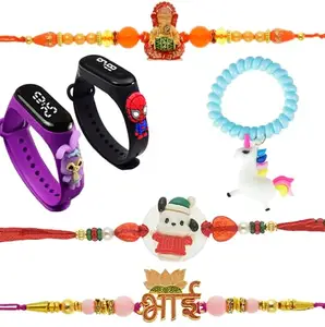 brown leaf Pack Of 6 Trending Men's Rakhi Toy Kids Rakhi Bracelets With Cartoon Watch For Little Brother Sister Rakshabandhan Favor (Design 1)