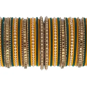 Rijoli Handcrafted Non-Precious Metal Base Metal Zircon Gemstone studded with Kai & Yellow colored stylish Bangle Set for Women and Girls-(Pack of 52)