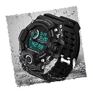 Acnos Premium Polyurethane Digital Men's Watch Shockproof Multi-Functional Automatic Waterproof Sports Watch (Black Dial Black Colored Strap)