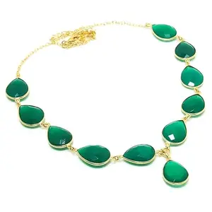 Attractive And Genuine Green Onyx Teardrop Shape Gold Plated Sterling Silver Charm Necklace For Woman And Girls