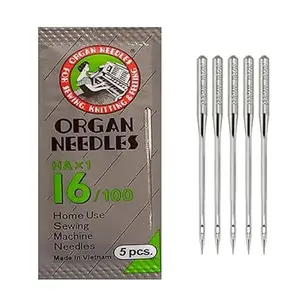 Premium Organ Art and Craft Stainless Steel Sewing Machine Needles, Size 16, HAx1-16/100, Set of 5 Needles, One Side Flat