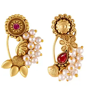 VFJ VIGHNAHARTA FASHION JEWELLERY Vighnaharta Golden Moti Pearls Nath Nathiya nose pin Gold Plated Alloy two Nose Ring valentine day gift valentineday gift for her gift for him gift for women gift for woment[VFJ1172-1175NTH-Press-Red]