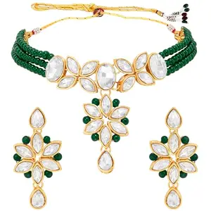Peora Gold Plated Traditional Crystal Kundan Green Beaded Choker Necklace Jewellery Set for Women