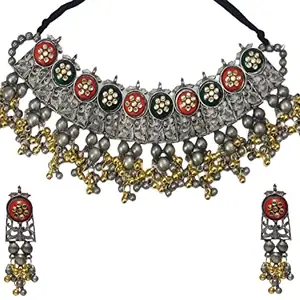 Total Fashion Latest Boho Trible Meenakari Silver Oxidised Stone Choker Necklace Jewellery Set Women for Girls