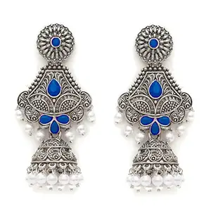 Karatcart Oxidised Silver Handcrafted Blue Long Dangler Jhumki Earrings for Women
