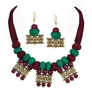 JFL - Jewellery for Less Oxidise Gold Plated Floral Pendant Cotton Bead Necklace and Earring for Women & Girls(MAROON & GREEN),Valentine