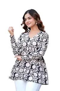Women Stylish Floral Printed Rayon Short Kurta (in, Alpha, S, Regular, Standard, Black)