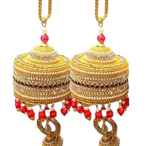 Aakri Luxe Crafts Handmade Traditional Wedding Kalere/Kalire/Bridal jewellery/Hand Hanging Kalira for Brides, Women and Girls (8410, Gold, Red) Set of 2.