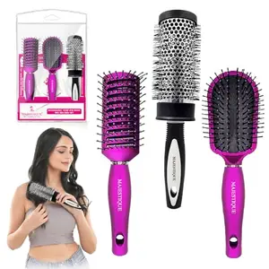 Majestique Blow Dry Brushes, Vent, Detangling Professional Hair Brush Set for Women & Teen Girls, Gifts Set for All Hair Types, Drying Vented Hair Brush Set for Hair Styling - 3Pcs/Multicolor