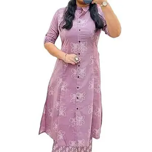 Fashleeva Chic Pink Straight Fit Kurti with Half Sleeves Women’s Mauve Floral Embroidered with Front Buttons Elegant White All-Over Floral Design