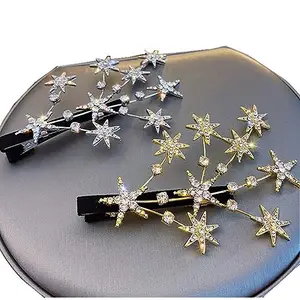 2 PCS Women Shiny Rhinestones Star Hair Clips with pearls Metal Alligator Hair Bow Clips Side Hair Barrettes for Girls Hair Styling Accessories, Gold,Silver