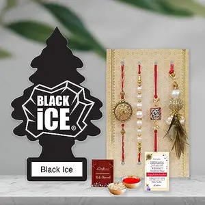 eCraftIndia Set of 4 Floral, Pearls, Diamonds, Lumba Designer Rakhis, Roli Chawal Pack, and Little Trees Air Freshener Black Ice Pack of 1