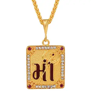 DULCI Gold Plated Brass Square Shape Chorash Diamond Big and Bold MA/MAA Word Pendant With Chain Temple Jewellery For Unisex