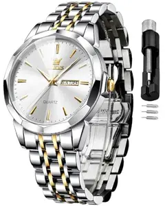OLEVS Watch for Men Analog Quartz Dress Business Watch Two Tone Day Date Stainless Steel Classic Casual Luxury Luminous Waterproof Male Wrist Watches Gold White