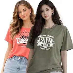 London Hills Women’s Loose Fit Printed Cotton T-Shirt Pack of 2 | Casual Round Neck Half Sleeve Graphic Tee | Breathable Summer Top for College, Travel & Outing