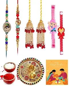 Clocrafts Two Bhaiya Bhabhi Rakhi and Two Kids Rakhi Gift Set With Greeting Card and Roli Chawal for Tilak-2BB2KTS201