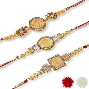 Meira Jewellery Ganesha Goldplated Bracelate Combo Rakhi Pack of 3 with Roli Chawal & Greeting Card for Brother on Rakhi-MJ22171