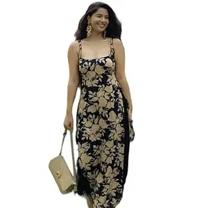 Women Floral Print Sleeveless Kurti Elegant Black Long Kurta for Party