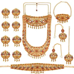ACCESSHER Set of 17 Ethnic Gold Plated Peacock Motif Filigree Bridal Jewellery Set with Necklaces, Earrings, Kamarbandh, Bajubandh, Maag Tika and Choti for Women