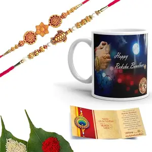 Chinove Om and Tortoise Elegant Design Handmade Rakhi’s for Brother and Bhabhi Set of 2 with Wishing Card, Roli Chawal and Printed Ceramic Mug (SM19)