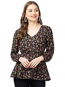 CULPI Women's V-Neck Floral Printed Flared Sleeve Tops Stylish Tops with Unique Design 1/4 Sleeve Top wear for Women's/Girls, Color - Black, Size - XL