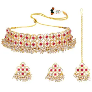 Peora Gold Plated Kundan Studded Collar Choker Necklace Fancy Ethnic Jewellery Set for Women