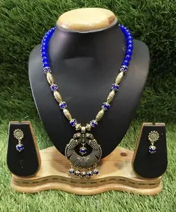 Antique Gold Pendant Necklace Set with Beads, Traditional Design Earrings, Oxidised Metal Jewellery (Blue)