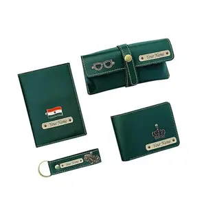 SAVRI Personalized Leather Men's Wallet, Keychain, Eyewear & Passport Cover Luggage Tag - Combo of 4 Set - Ideal Personalized Gift Set for Men - Stylish and Functional Accessories