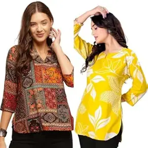 MS VHCK ENTERPRISE Women's Cotton Printed Short Kurti, Round Neck, Three Quarter Sleeve, Straight Fit, Pack of 2