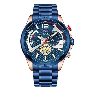 NIBOSI Men Watch Analog Quartz Chronograph Military Sport Wrist Watch For Men Business Stainless Steel Dress Watch Tourbillon, Blue Dial, Blue Band