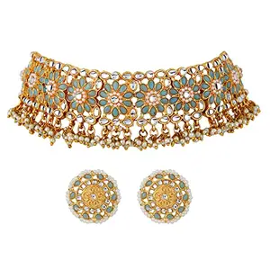 Shining Diva Fashion Latest Stylish Fancy Choker Traditional Pearl Kundan Necklace Jewellery Set for Women (12810s), Sea Blue, One