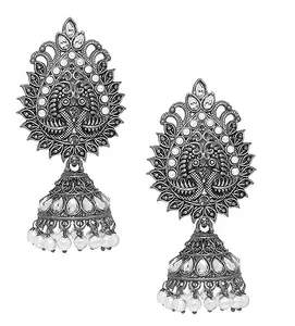 OOMPHelicious Jewellery Silver Oxidised Jhumka Earrings-Kundan in Peacock Design-For Women & Girls Stylish Latest (S-ECK144_CC1)