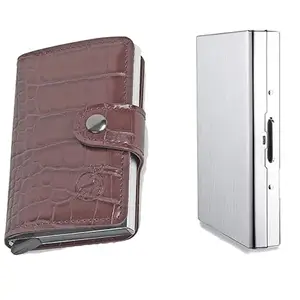 Stealodeal Metal and PU Unisex Cash and Card Holders, Pack of 2, Silver & Brown (54DBR)