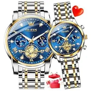 OLEVS Couple Watch Set - His & Her Matching Watches with Luxury Diamond Accents - Romantic Valentine's Day Stainless Steel Original Quartz Men's and Women's Watch Lovers Set