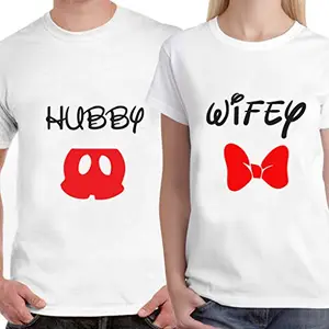 DreamBag LIMIT Fashion Store - Hubby Wifey Unisex Couple T-shirt, Men-XXL/Women-XS (White)