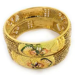 SBS Mennakari and Zircon Stone Work, Golden Color Brass Metal, Wide Kada bangles set of 02 for Women and Girls (Swastik, 2.10)