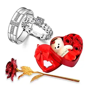 University Trendz Valentine Special Silver Plated CZ Adjustable Couple Finger Ring with Artificial Red Rose Flower Box and Soft Teddy Bear for Girlfriend, Wife, Lover