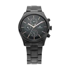 Visit the Titan Store Titan Workwear Quartz Multifunction Black Dial Black Metal Strap Watch for Men - NT1805NM01