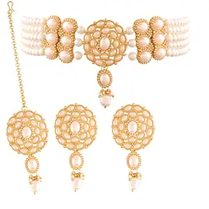 I Jewels 18k Gold Plated Traditional Pearl Choker Necklace Jewellery Set with Earrings & Maang Tikka Set for Women (ML280W)