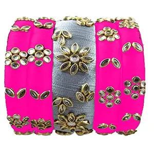 HARSHAS INDIA CRAFT Silk Thread Bangles With Kundan Stones Chuda Bangle Set For Womnes and girls (White-baby pink) (Size-2/10)