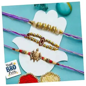 Premium Rakhi Set for Brother – Pack of 3 | Designer Beaded Rakhis with Roli Chawal | Tortoise, Kundan, and Beaded Rakhi Combo
