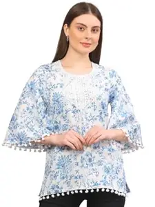 Aarvi Ethnic Women’s Floral Print Top White & Blue | Bell Sleeves with Pom-Pom Trim & Embroidered Yoke Detail | Casual Wear