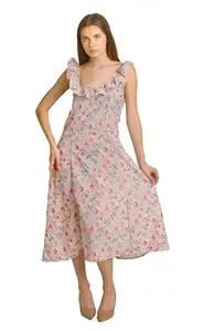 Zuafany Women Cotton Printed Regular Fit One Piece Dress | Western Dress | Perfect for Any Occasion|(Cream Mini Rose, Size : M)|(5016)